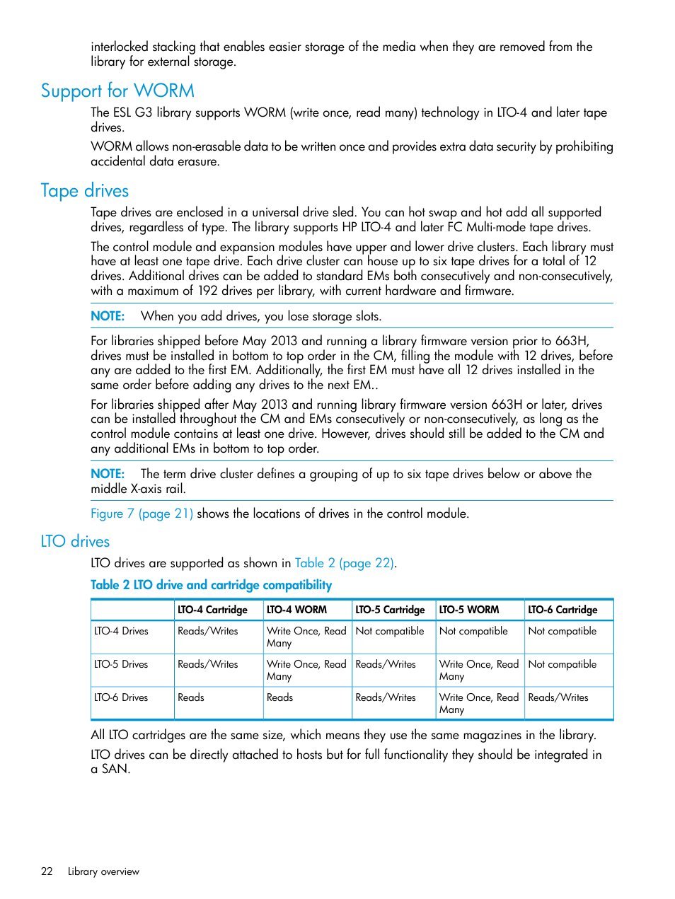 Support for worm, Tape drives, Lto drives | Support for worm tape drives | HP StoreEver ESL G3 Tape Libraries User Manual | Page 22 / 267