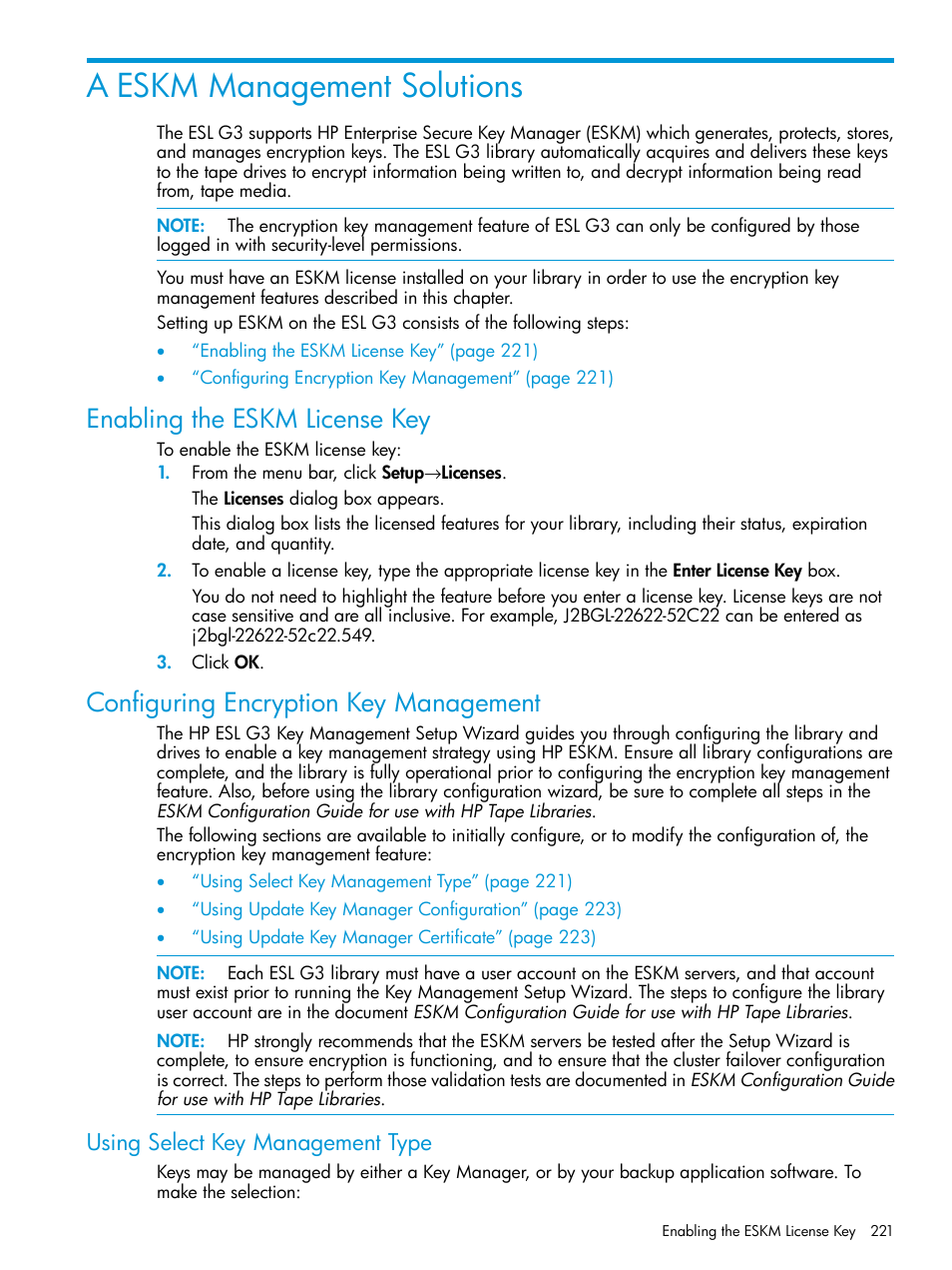 A eskm management solutions, Enabling the eskm license key, Configuring encryption key management | Using select key management type | HP StoreEver ESL G3 Tape Libraries User Manual | Page 221 / 267