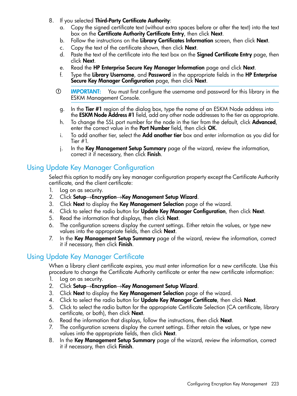 Using update key manager configuration, Using update key manager certificate | HP StoreEver ESL G3 Tape Libraries User Manual | Page 223 / 267
