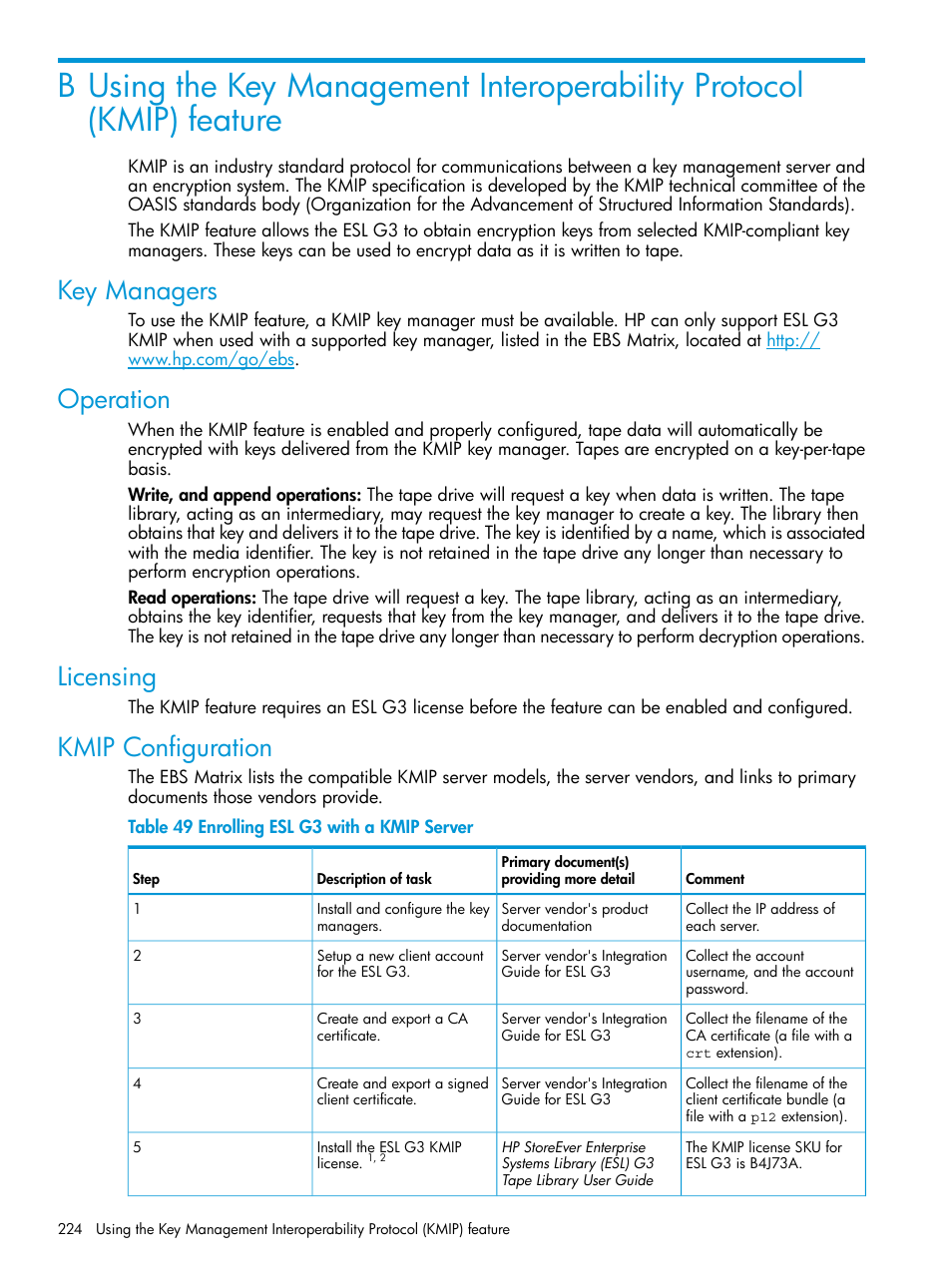 Key managers, Operation, Licensing | Kmip configuration | HP StoreEver ESL G3 Tape Libraries User Manual | Page 224 / 267