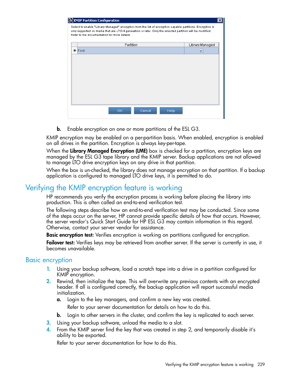 Verifying the kmip encryption feature is working, Basic encryption | HP StoreEver ESL G3 Tape Libraries User Manual | Page 229 / 267