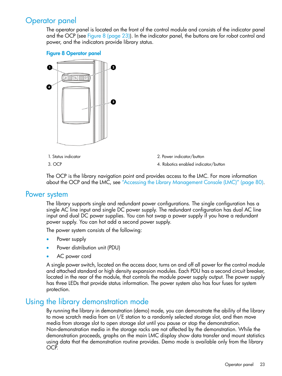 Operator panel, Power system, Using the library demonstration mode | HP StoreEver ESL G3 Tape Libraries User Manual | Page 23 / 267