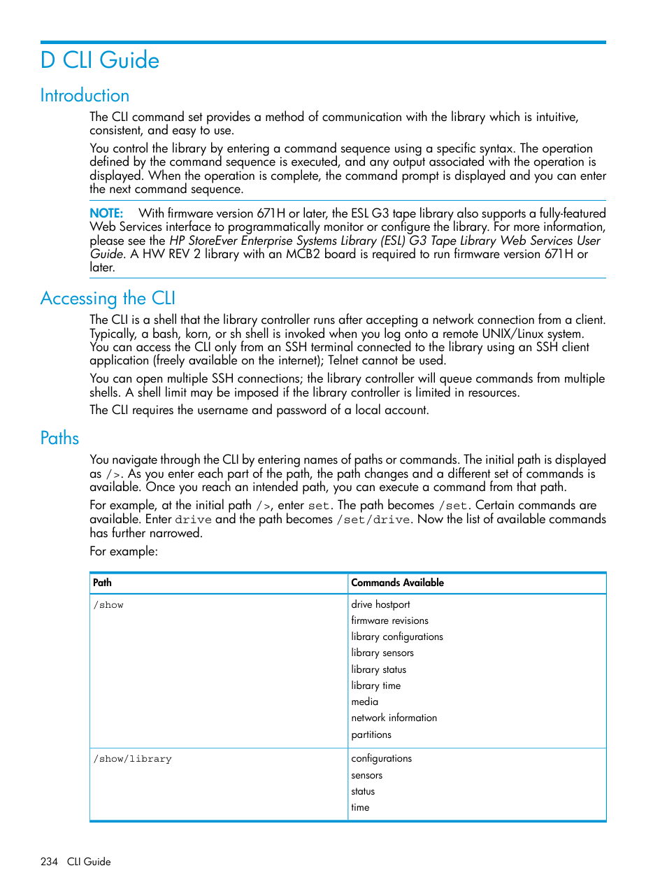 D cli guide, Introduction, Accessing the cli | Paths, Introduction accessing the cli paths | HP StoreEver ESL G3 Tape Libraries User Manual | Page 234 / 267