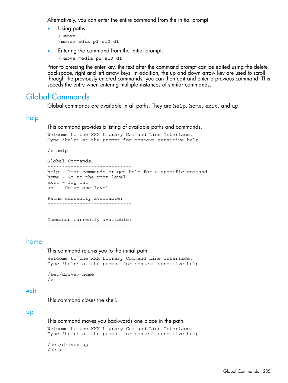 Global commands, Help, Home | Exit, Help home exit up | HP StoreEver ESL G3 Tape Libraries User Manual | Page 235 / 267