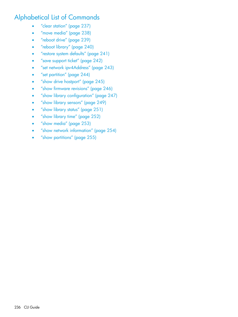 Alphabetical list of commands | HP StoreEver ESL G3 Tape Libraries User Manual | Page 236 / 267