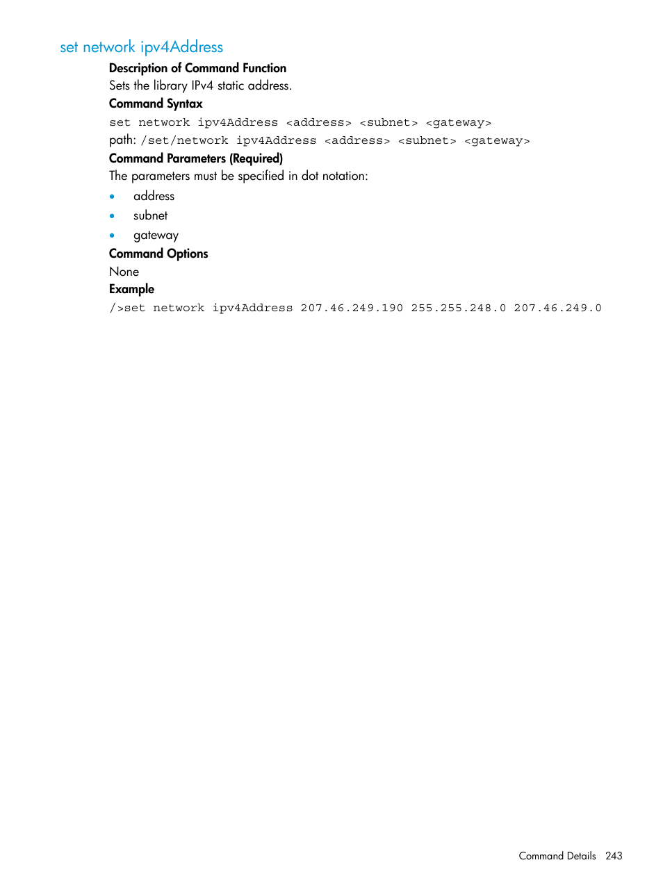 Set network ipv4address | HP StoreEver ESL G3 Tape Libraries User Manual | Page 243 / 267