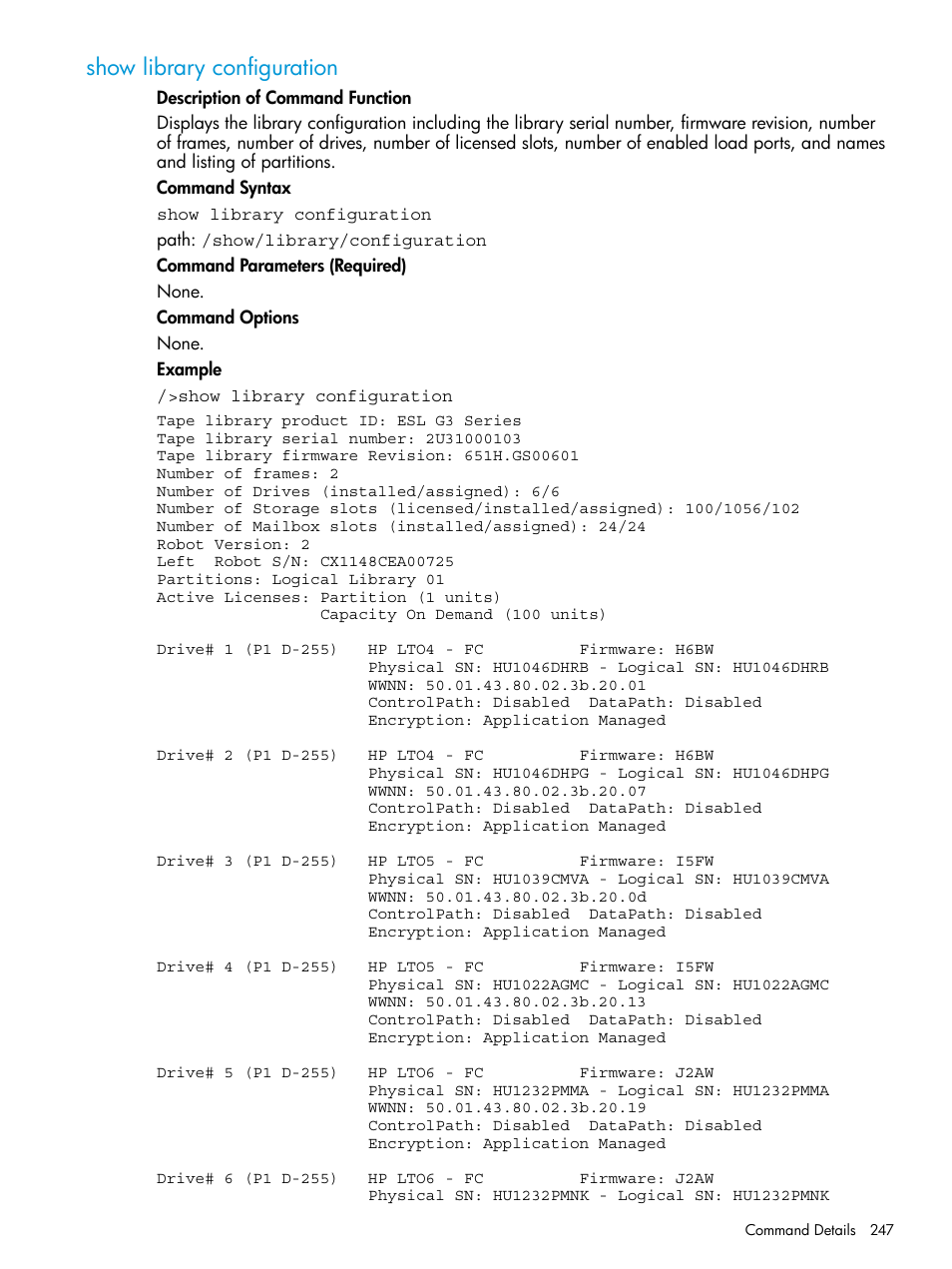 Show library configuration | HP StoreEver ESL G3 Tape Libraries User Manual | Page 247 / 267