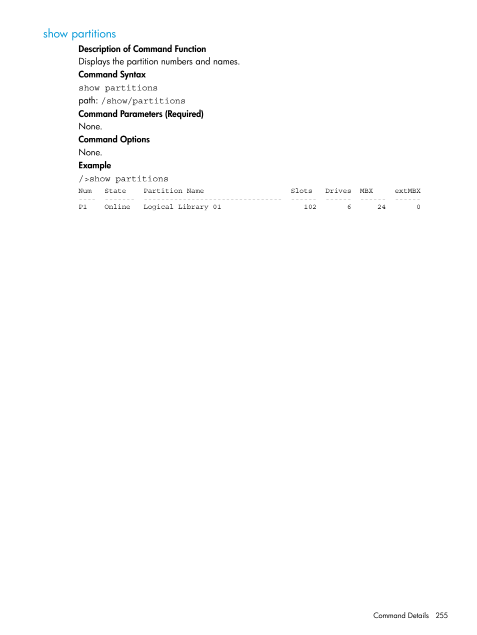 Show partitions | HP StoreEver ESL G3 Tape Libraries User Manual | Page 255 / 267