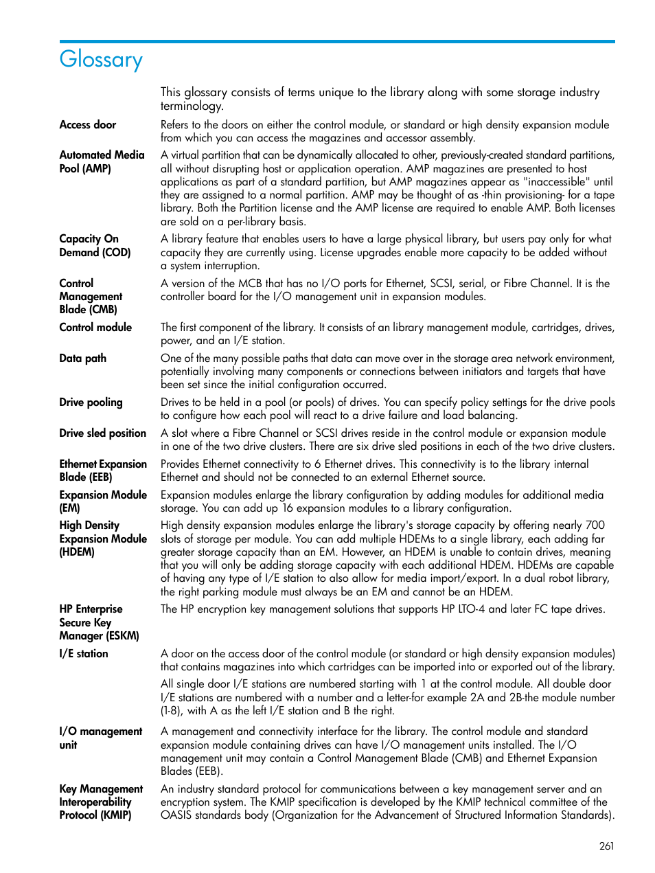 Glossary | HP StoreEver ESL G3 Tape Libraries User Manual | Page 261 / 267