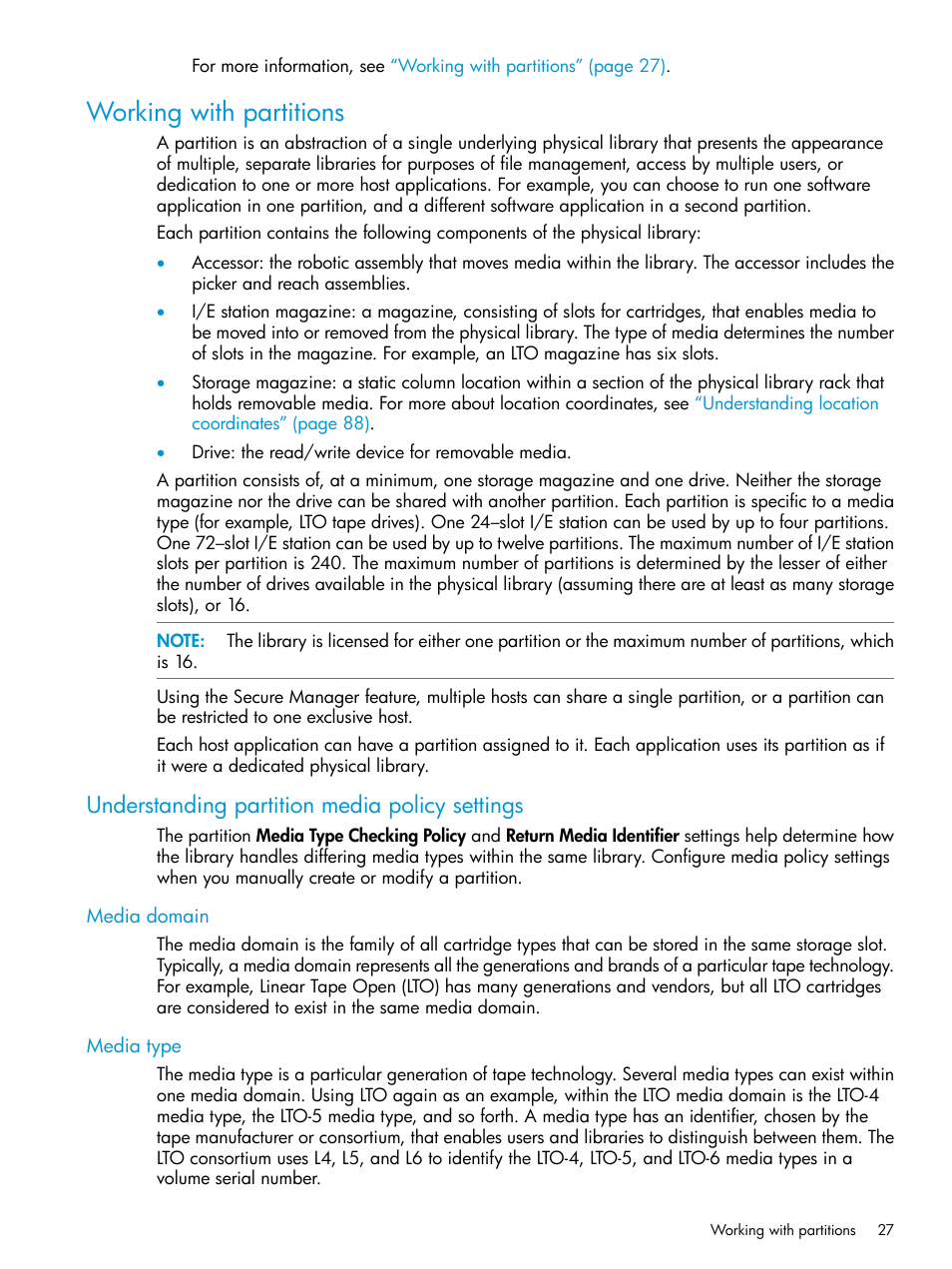 Working with partitions, Understanding partition media policy settings, Media domain | Media type, Media domain media type, Working | HP StoreEver ESL G3 Tape Libraries User Manual | Page 27 / 267