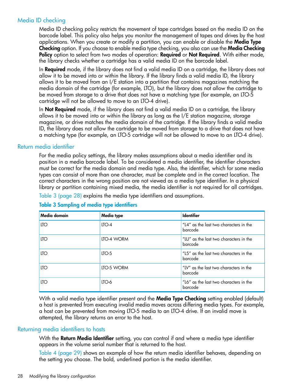 Media id checking, Return media identifier, Returning media identifiers to hosts | HP StoreEver ESL G3 Tape Libraries User Manual | Page 28 / 267