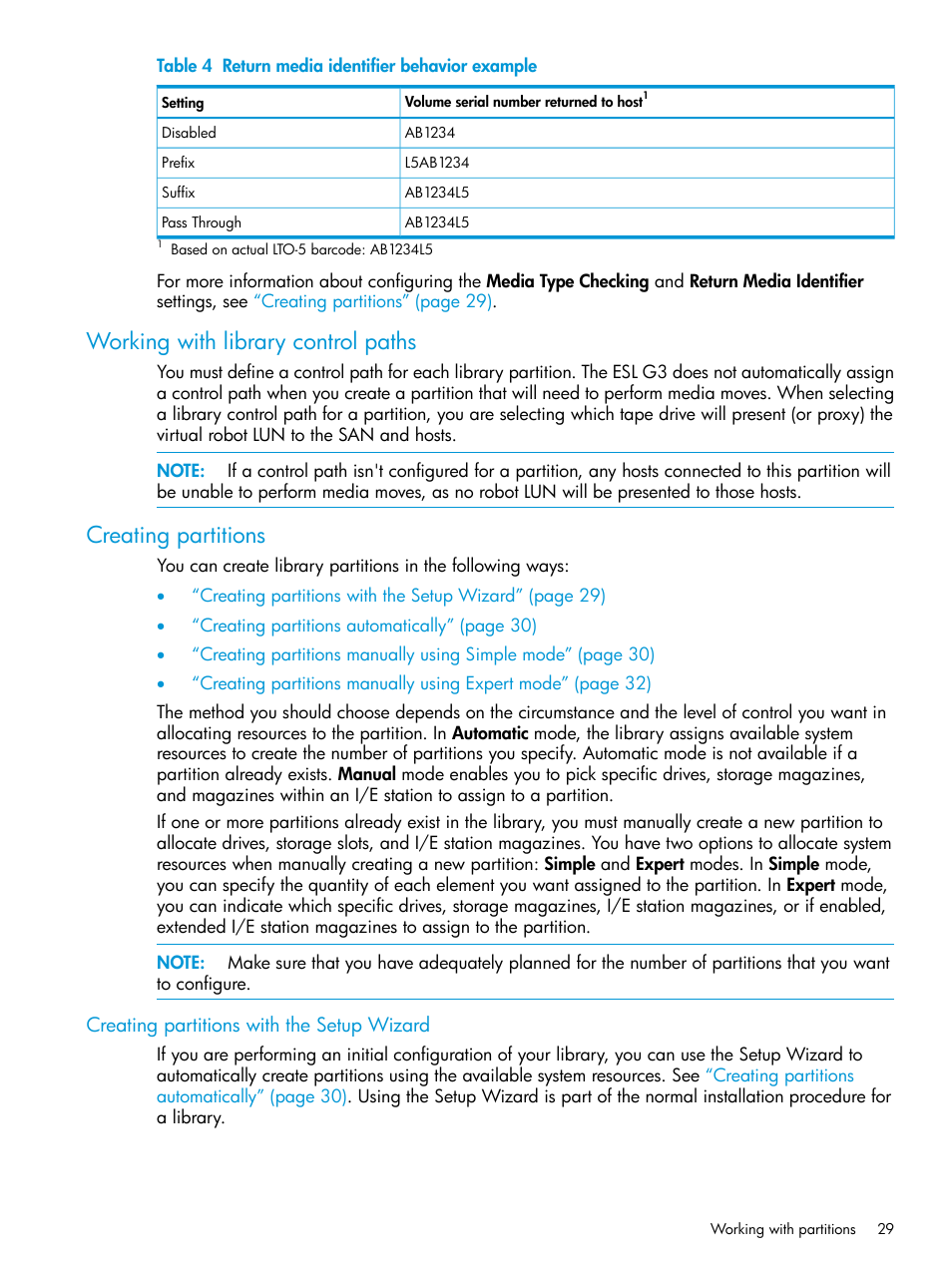 Working with library control paths, Creating partitions, Creating partitions with the setup wizard | HP StoreEver ESL G3 Tape Libraries User Manual | Page 29 / 267