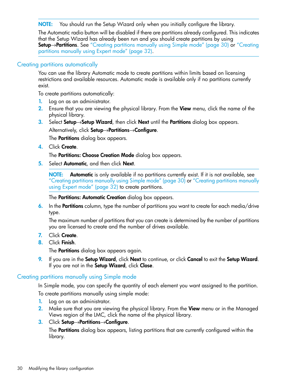 Creating partitions automatically, Creating partitions manually using simple mode, Creating partitions | HP StoreEver ESL G3 Tape Libraries User Manual | Page 30 / 267