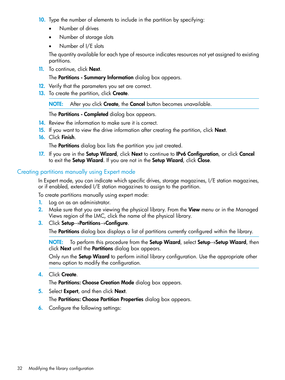 Creating partitions manually using expert mode, Creating, Creating partitions manually | HP StoreEver ESL G3 Tape Libraries User Manual | Page 32 / 267