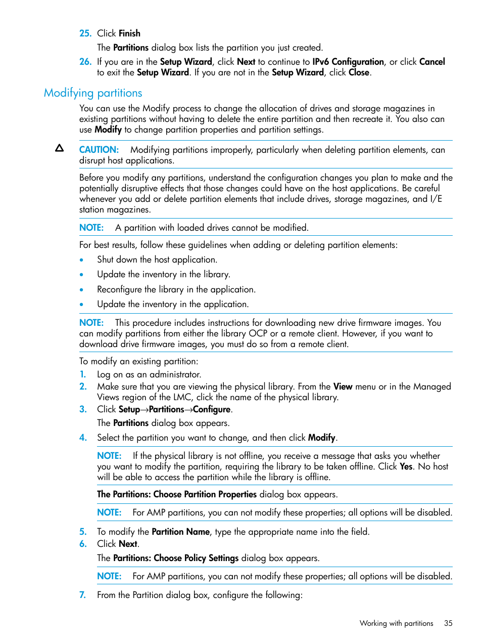 Modifying partitions | HP StoreEver ESL G3 Tape Libraries User Manual | Page 35 / 267
