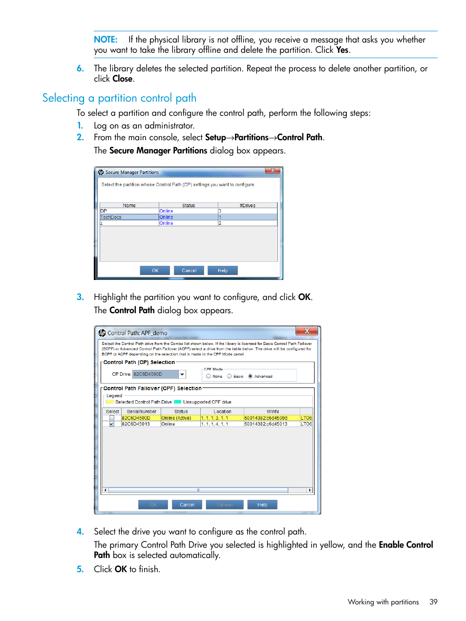 Selecting a partition control path | HP StoreEver ESL G3 Tape Libraries User Manual | Page 39 / 267