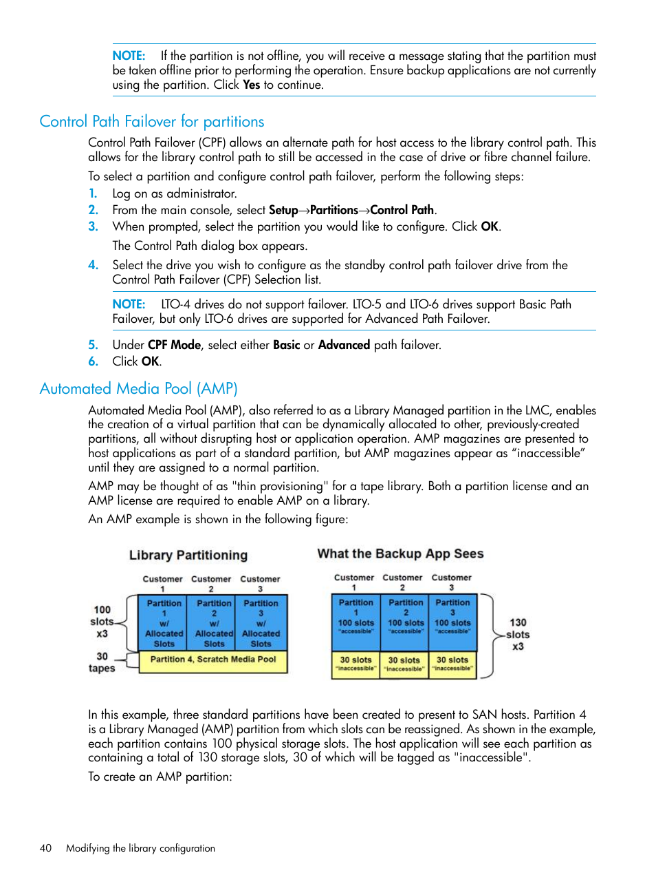 Control path failover for partitions, Automated media pool (amp) | HP StoreEver ESL G3 Tape Libraries User Manual | Page 40 / 267