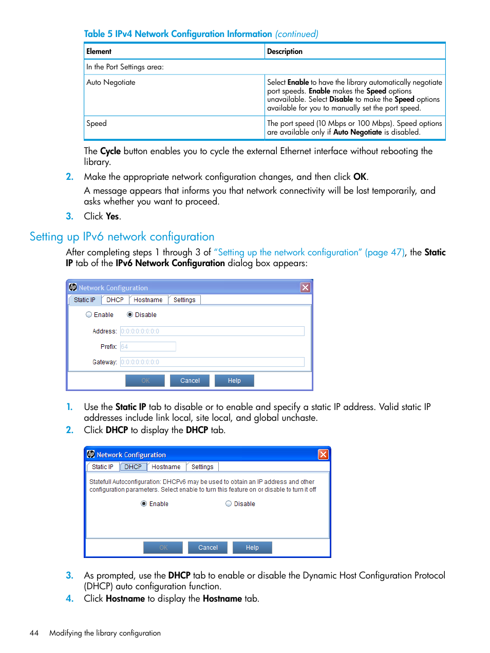 Setting up ipv6 network configuration, Setting up ipv6 network | HP StoreEver ESL G3 Tape Libraries User Manual | Page 44 / 267