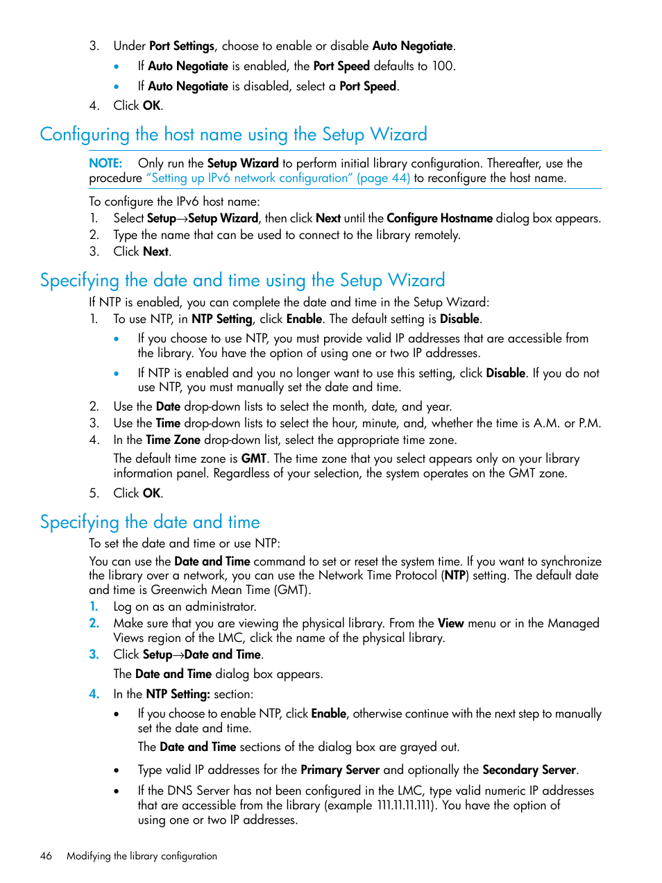 Configuring the host name using the setup wizard, Specifying the date and time | HP StoreEver ESL G3 Tape Libraries User Manual | Page 46 / 267