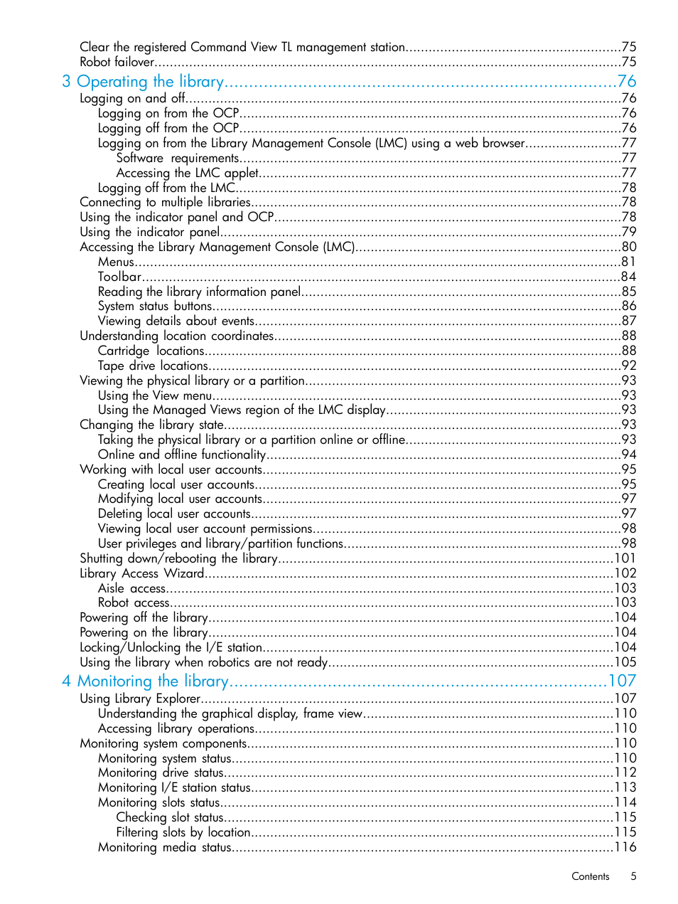 3 operating the library, 4 monitoring the library | HP StoreEver ESL G3 Tape Libraries User Manual | Page 5 / 267