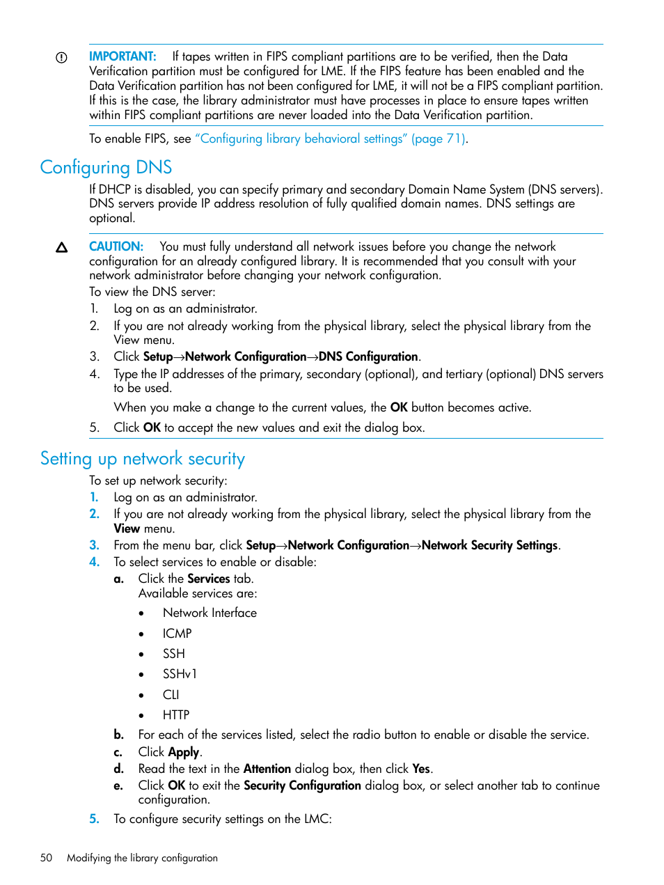 Configuring dns, Setting up network security, Configuring dns setting up network security | HP StoreEver ESL G3 Tape Libraries User Manual | Page 50 / 267