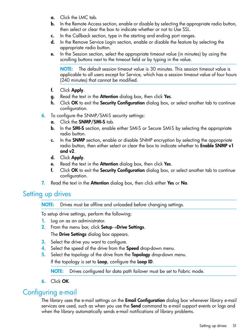 Setting up drives, Configuring e-mail, Setting up drives configuring e-mail | HP StoreEver ESL G3 Tape Libraries User Manual | Page 51 / 267