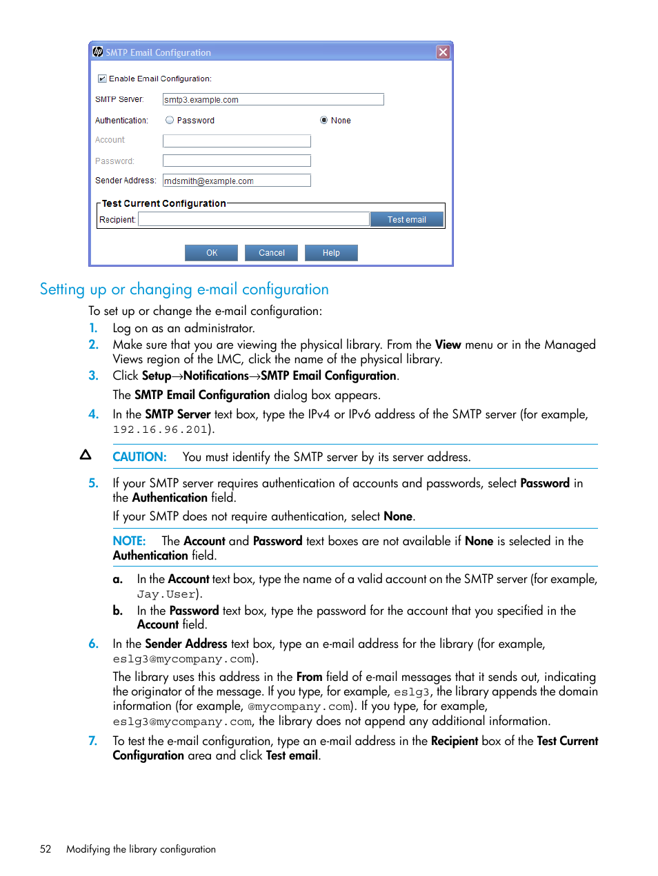 Setting up or changing e-mail configuration | HP StoreEver ESL G3 Tape Libraries User Manual | Page 52 / 267