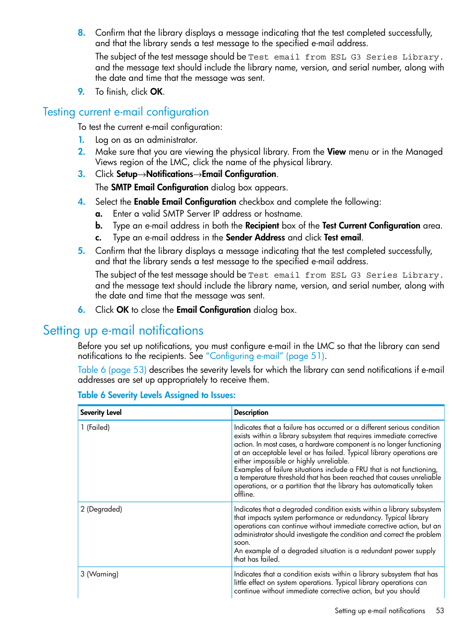 Testing current e-mail configuration, Setting up e-mail notifications | HP StoreEver ESL G3 Tape Libraries User Manual | Page 53 / 267