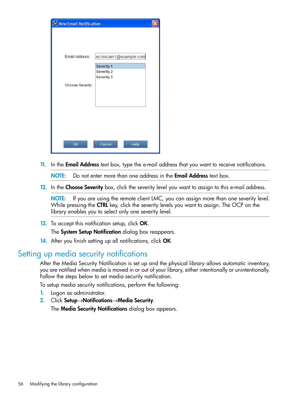 Setting up media security notifications | HP StoreEver ESL G3 Tape Libraries User Manual | Page 56 / 267