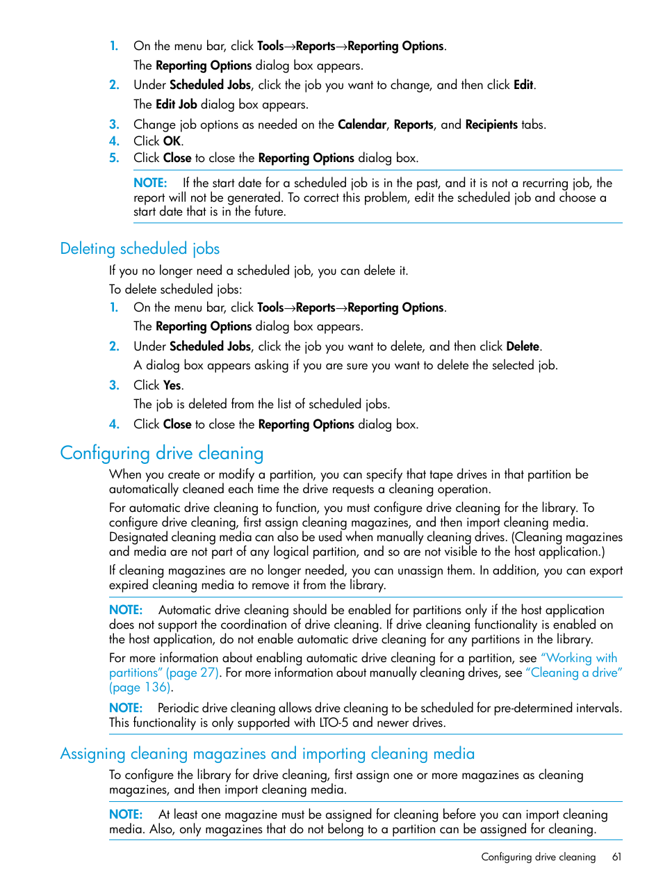 Deleting scheduled jobs, Configuring drive cleaning | HP StoreEver ESL G3 Tape Libraries User Manual | Page 61 / 267