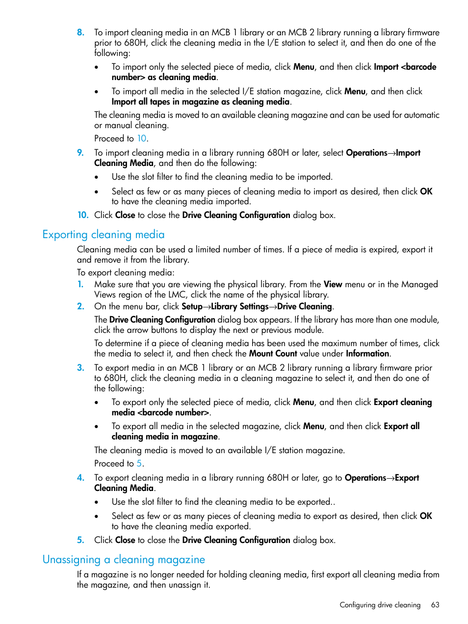 Exporting cleaning media, Unassigning a cleaning magazine | HP StoreEver ESL G3 Tape Libraries User Manual | Page 63 / 267