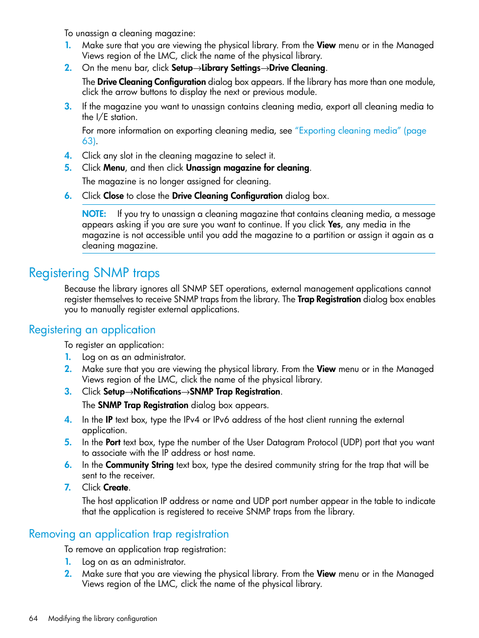 Registering snmp traps, Registering an application, Removing an application trap registration | HP StoreEver ESL G3 Tape Libraries User Manual | Page 64 / 267