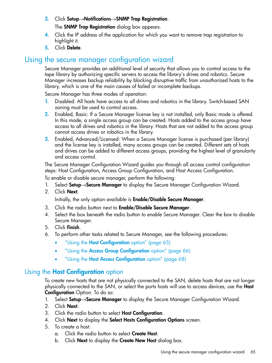 Using the secure manager configuration wizard, Using the host configuration option | HP StoreEver ESL G3 Tape Libraries User Manual | Page 65 / 267