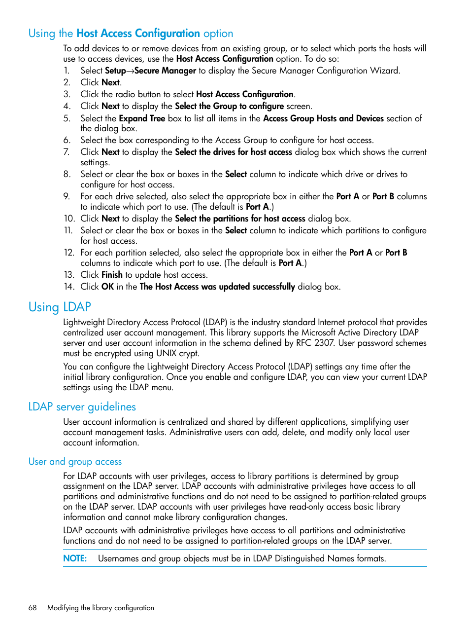 Using the host access configuration option, Using ldap, Ldap server guidelines | User and group access | HP StoreEver ESL G3 Tape Libraries User Manual | Page 68 / 267