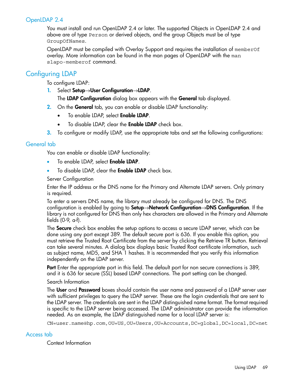 Openldap 2.4, Configuring ldap, General tab | Access tab, General tab access tab | HP StoreEver ESL G3 Tape Libraries User Manual | Page 69 / 267