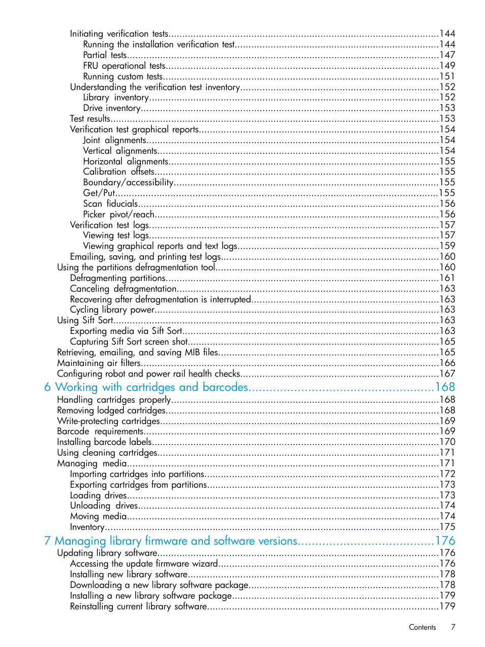 6 working with cartridges and barcodes, 7 managing library firmware and software versions | HP StoreEver ESL G3 Tape Libraries User Manual | Page 7 / 267