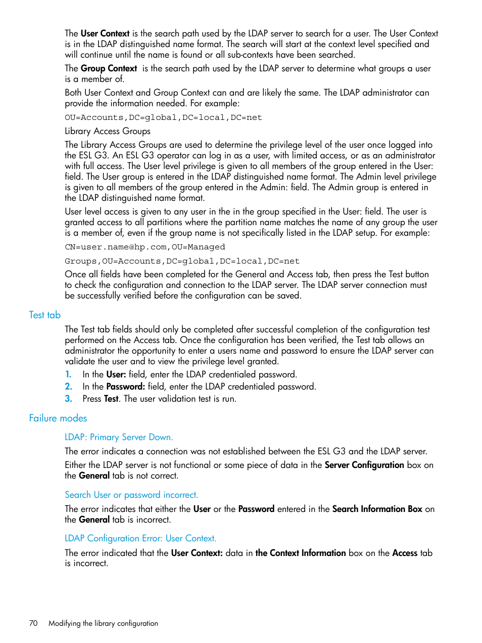 Test tab, Failure modes, Test tab failure modes | HP StoreEver ESL G3 Tape Libraries User Manual | Page 70 / 267