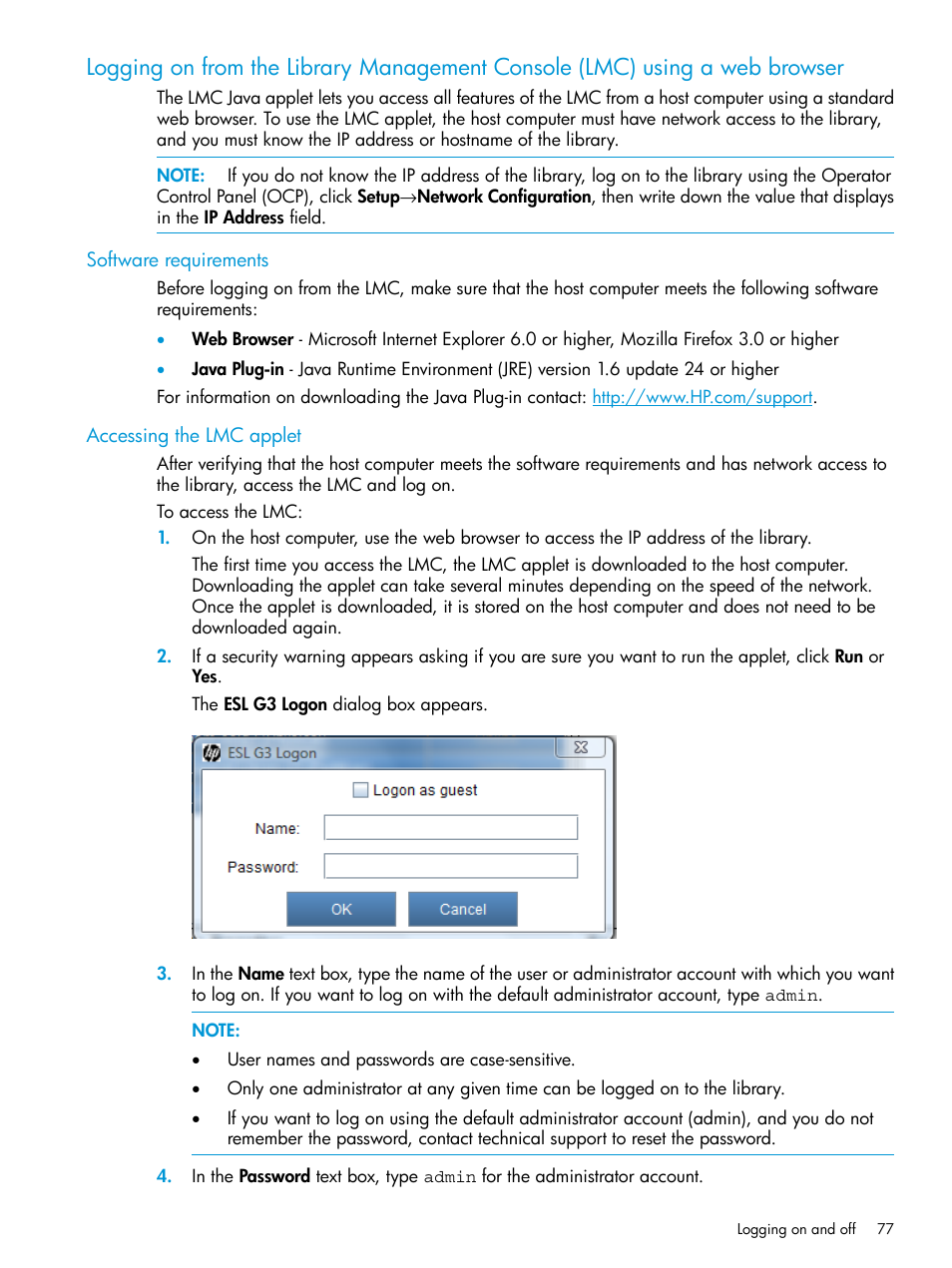 Software requirements, Accessing the lmc applet, Software requirements accessing the lmc applet | Logging | HP StoreEver ESL G3 Tape Libraries User Manual | Page 77 / 267