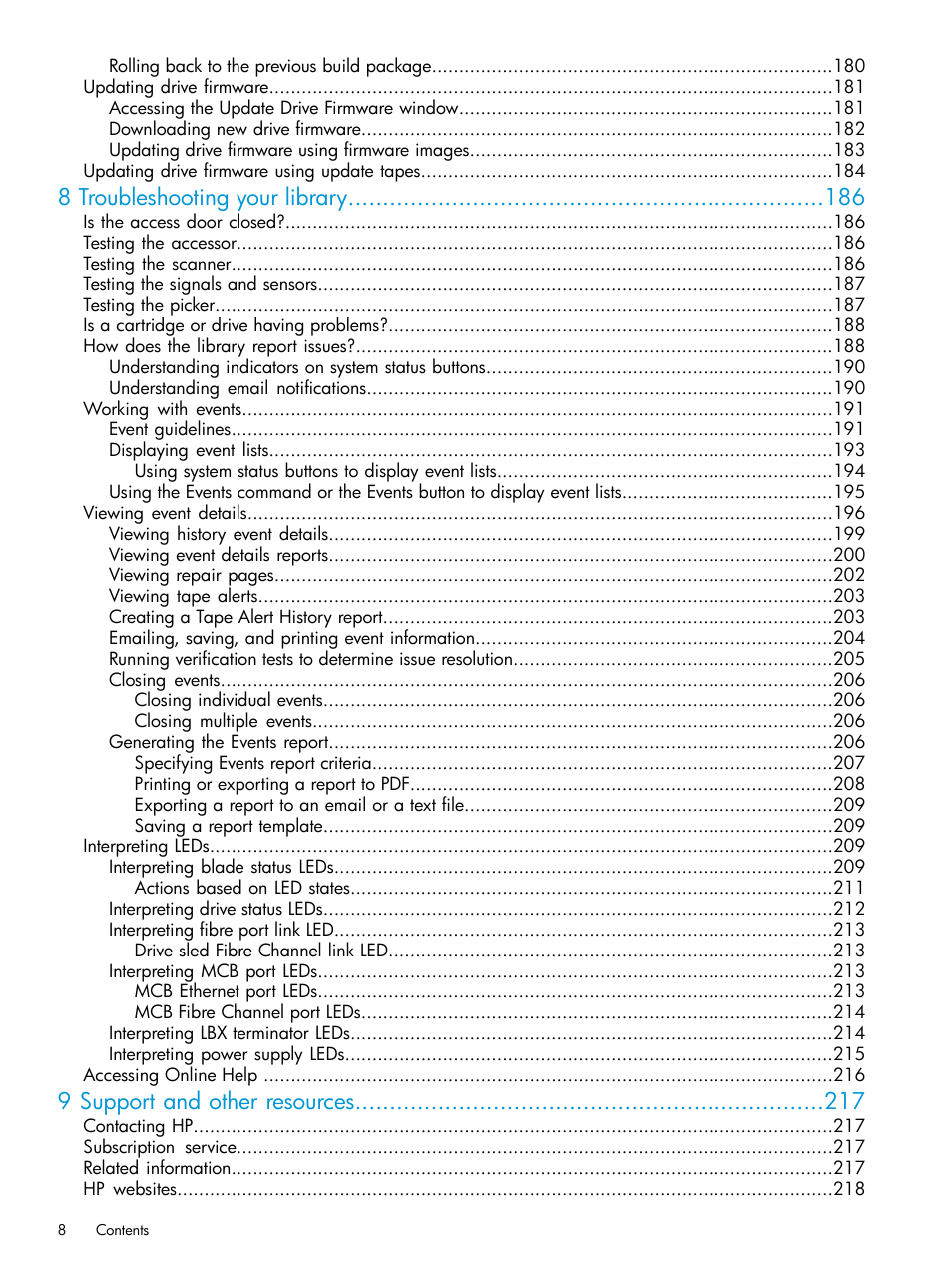 8 troubleshooting your library, 9 support and other resources | HP StoreEver ESL G3 Tape Libraries User Manual | Page 8 / 267