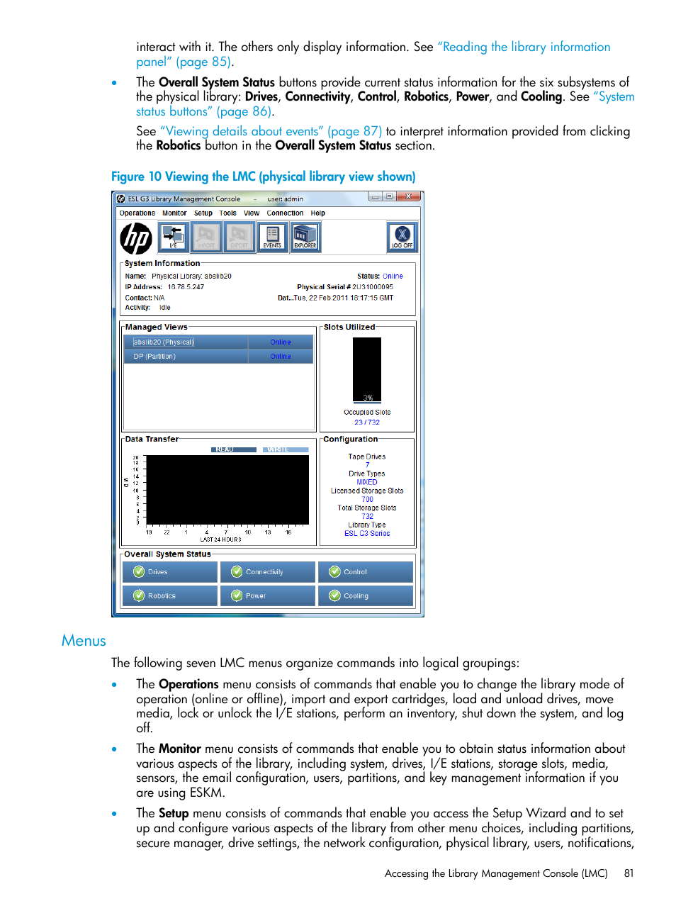 Menus | HP StoreEver ESL G3 Tape Libraries User Manual | Page 81 / 267