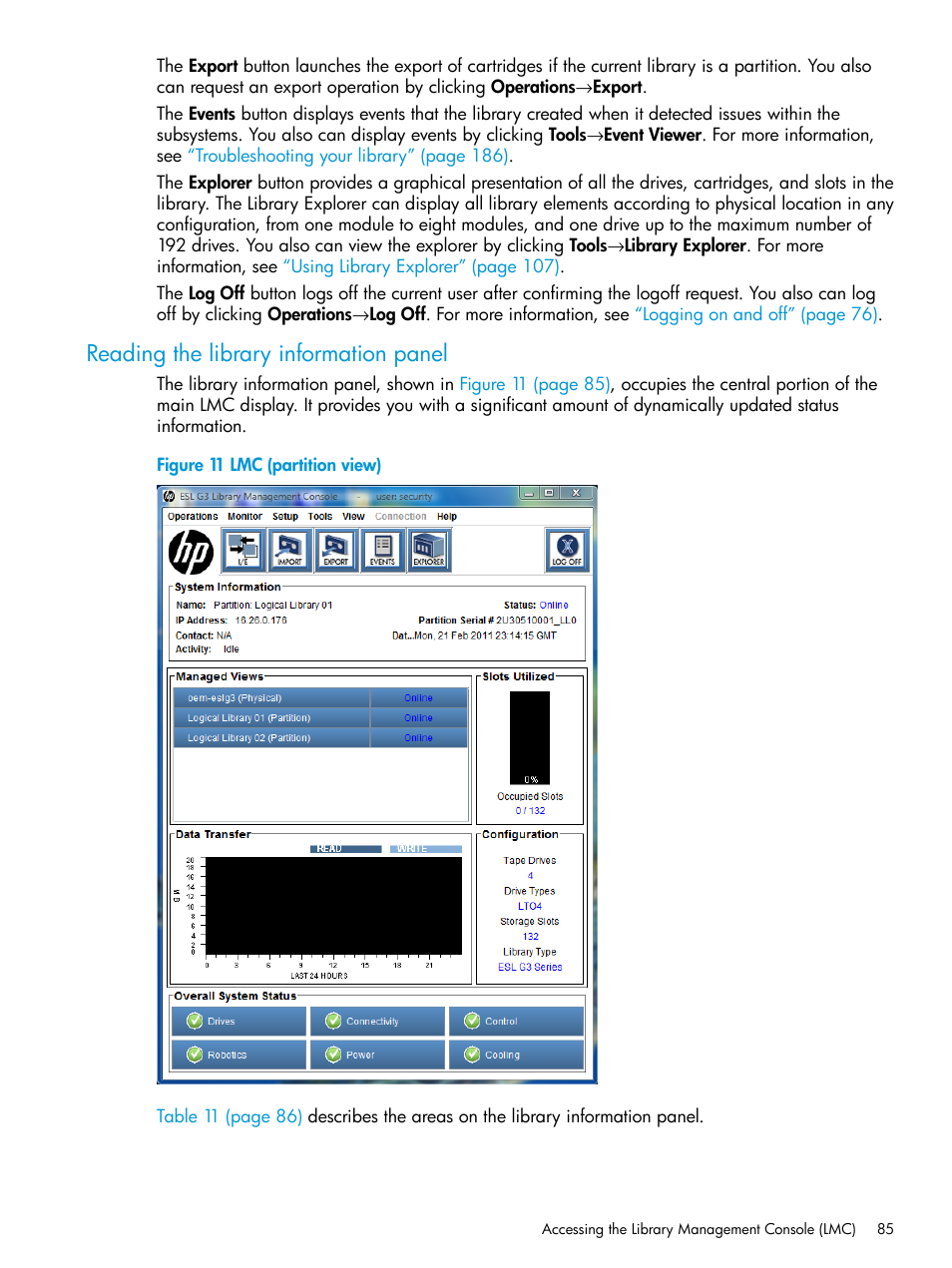 Reading the library information panel, Reading the library information | HP StoreEver ESL G3 Tape Libraries User Manual | Page 85 / 267