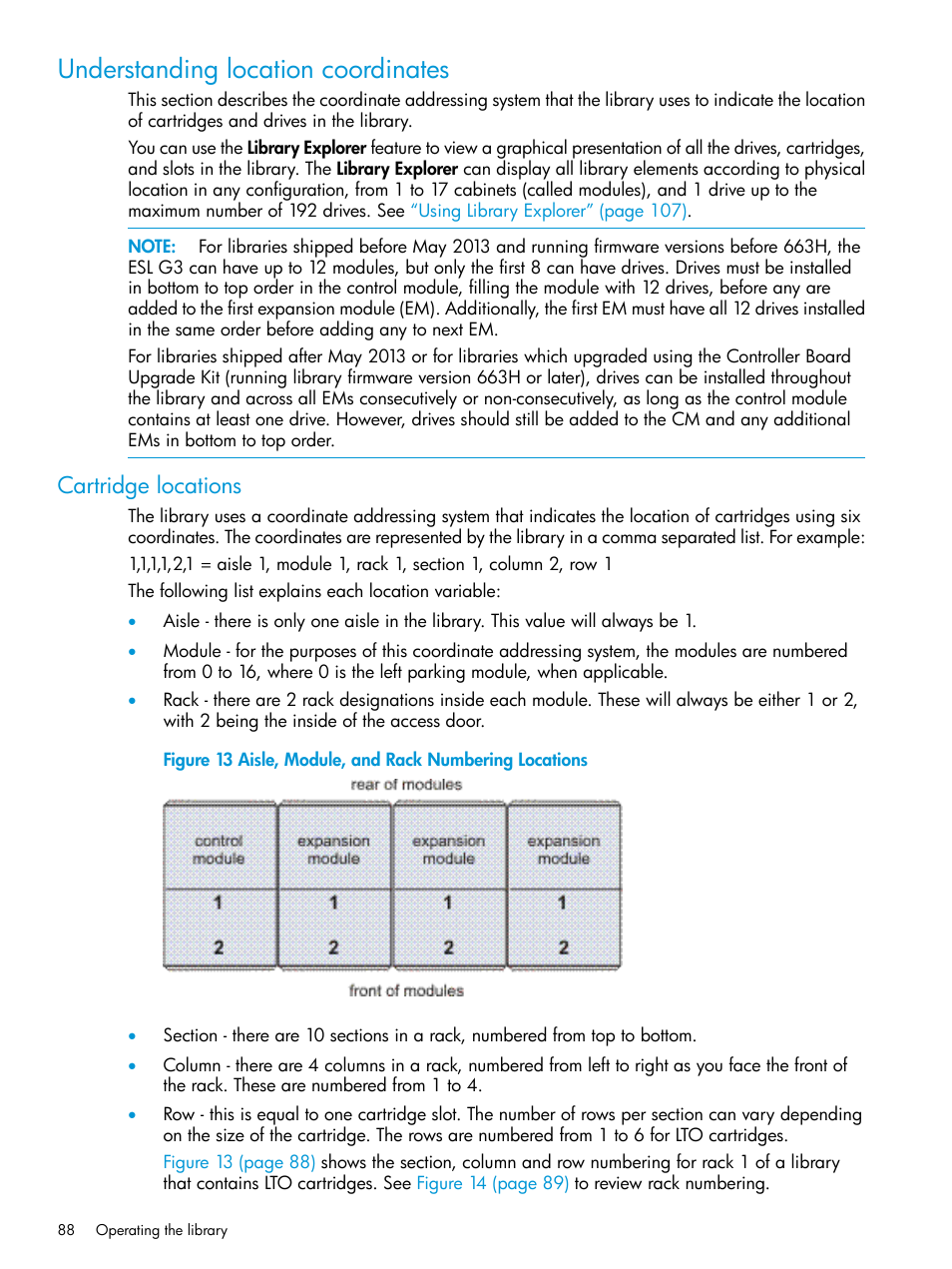 Understanding location coordinates, Cartridge locations, Understanding location | Understanding | HP StoreEver ESL G3 Tape Libraries User Manual | Page 88 / 267