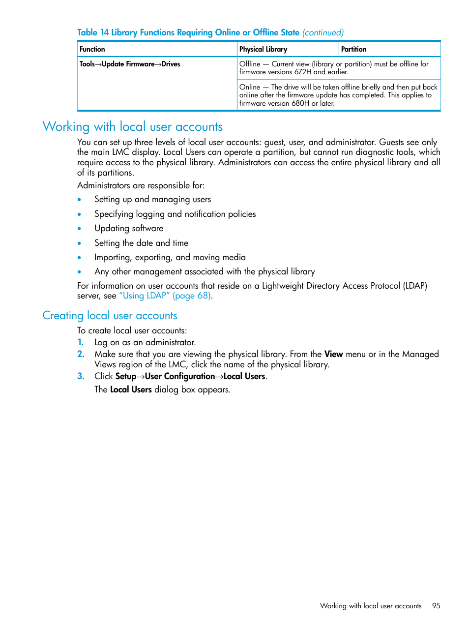 Working with local user accounts, Creating local user accounts | HP StoreEver ESL G3 Tape Libraries User Manual | Page 95 / 267
