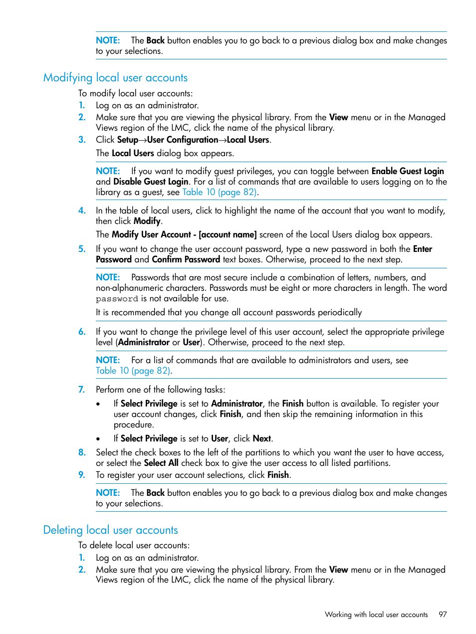 Modifying local user accounts, Deleting local user accounts | HP StoreEver ESL G3 Tape Libraries User Manual | Page 97 / 267
