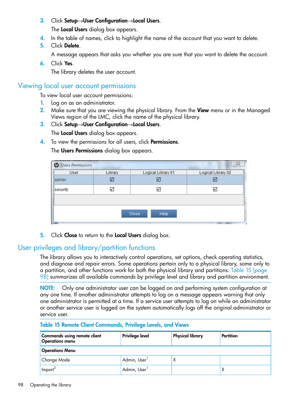 Viewing local user account permissions, User privileges and library/partition functions | HP StoreEver ESL G3 Tape Libraries User Manual | Page 98 / 267