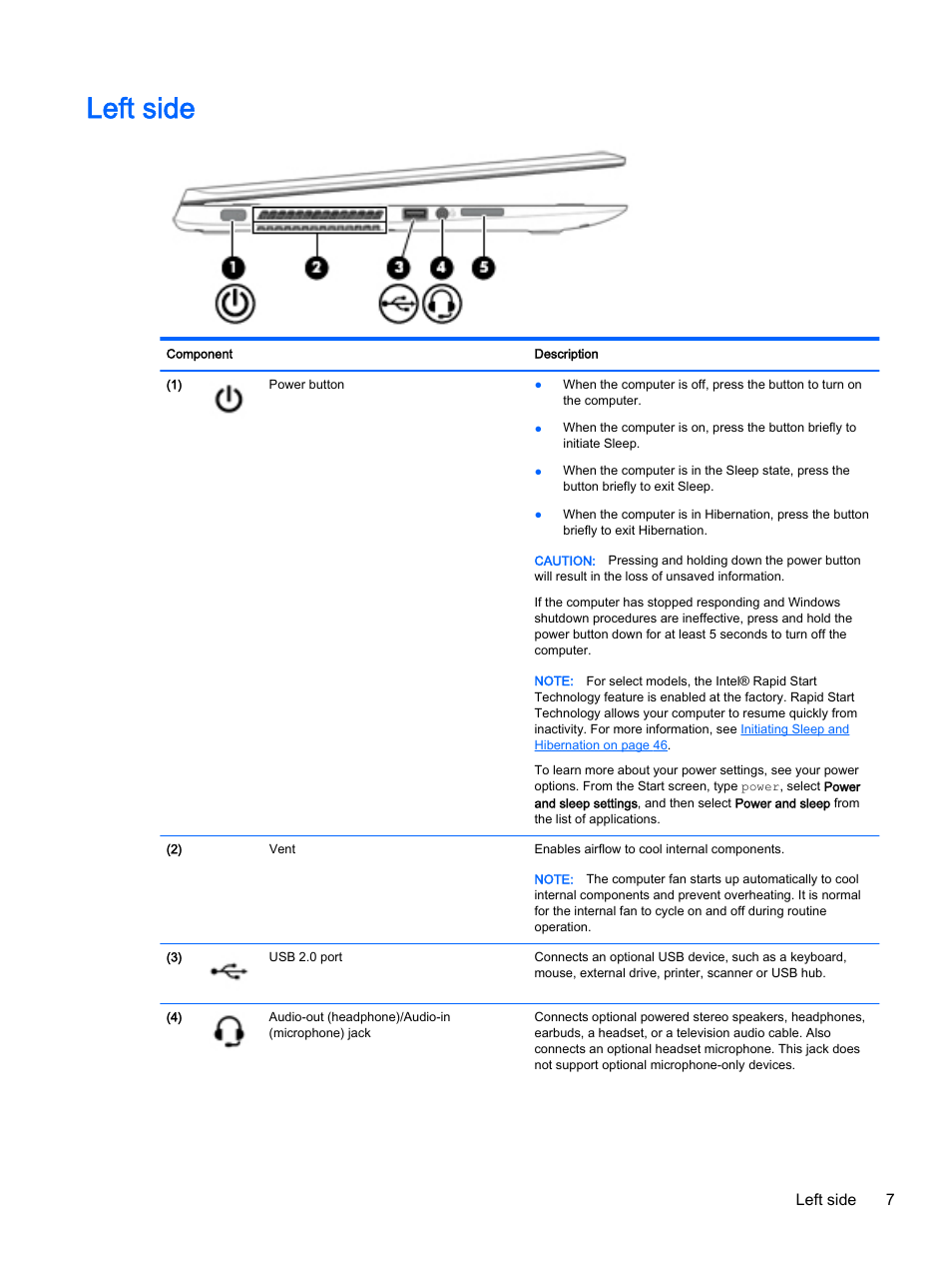 Left side, Left side 7 | HP x360 350 G1 Convertible PC User Manual | Page 15 / 80