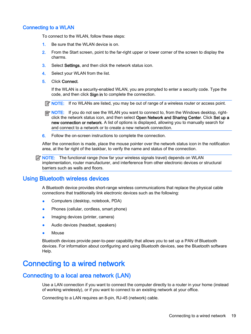 Connecting to a wlan, Using bluetooth wireless devices, Connecting to a wired network | Connecting to a local area network (lan) | HP x360 350 G1 Convertible PC User Manual | Page 27 / 80