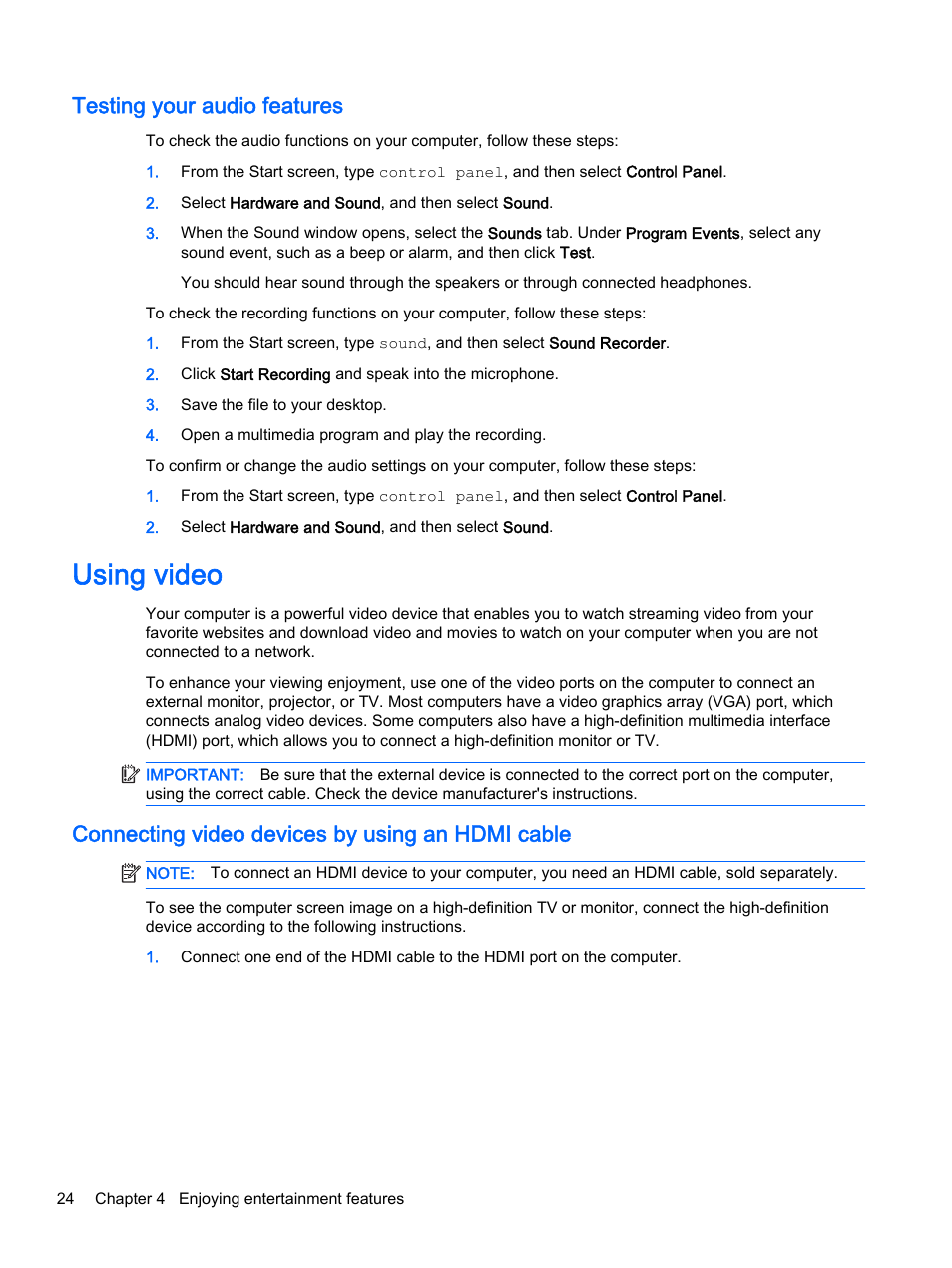 Testing your audio features, Using video, Connecting video devices by using an hdmi cable | Connecting | HP x360 350 G1 Convertible PC User Manual | Page 32 / 80