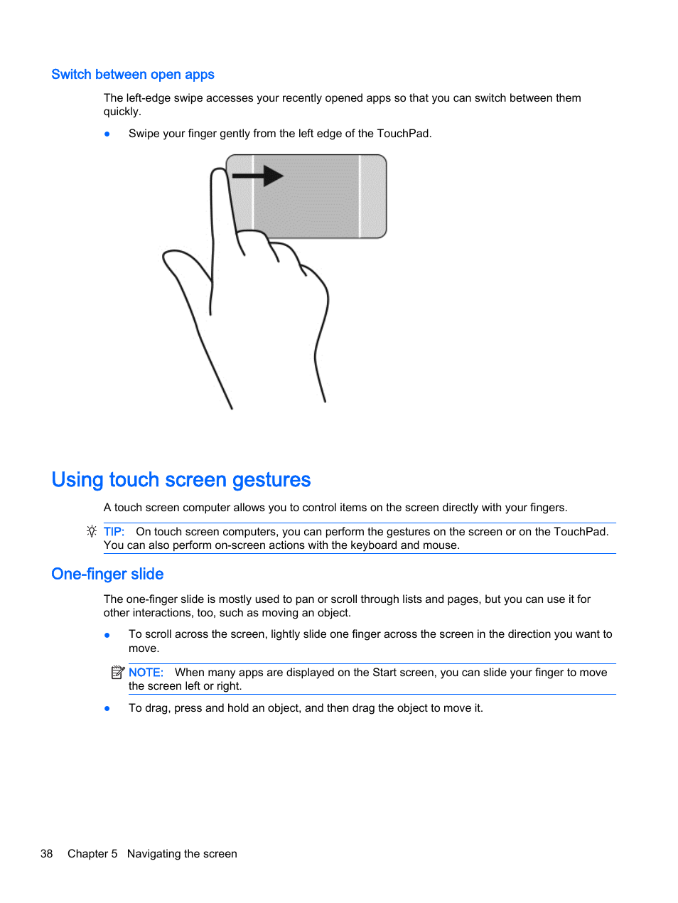 Switch between open apps, Using touch screen gestures, One-finger slide | HP x360 350 G1 Convertible PC User Manual | Page 46 / 80