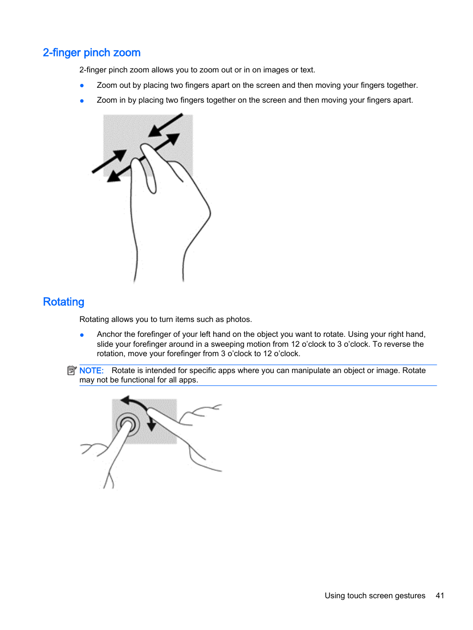 Finger pinch zoom, Rotating, Finger pinch zoom rotating | HP x360 350 G1 Convertible PC User Manual | Page 49 / 80